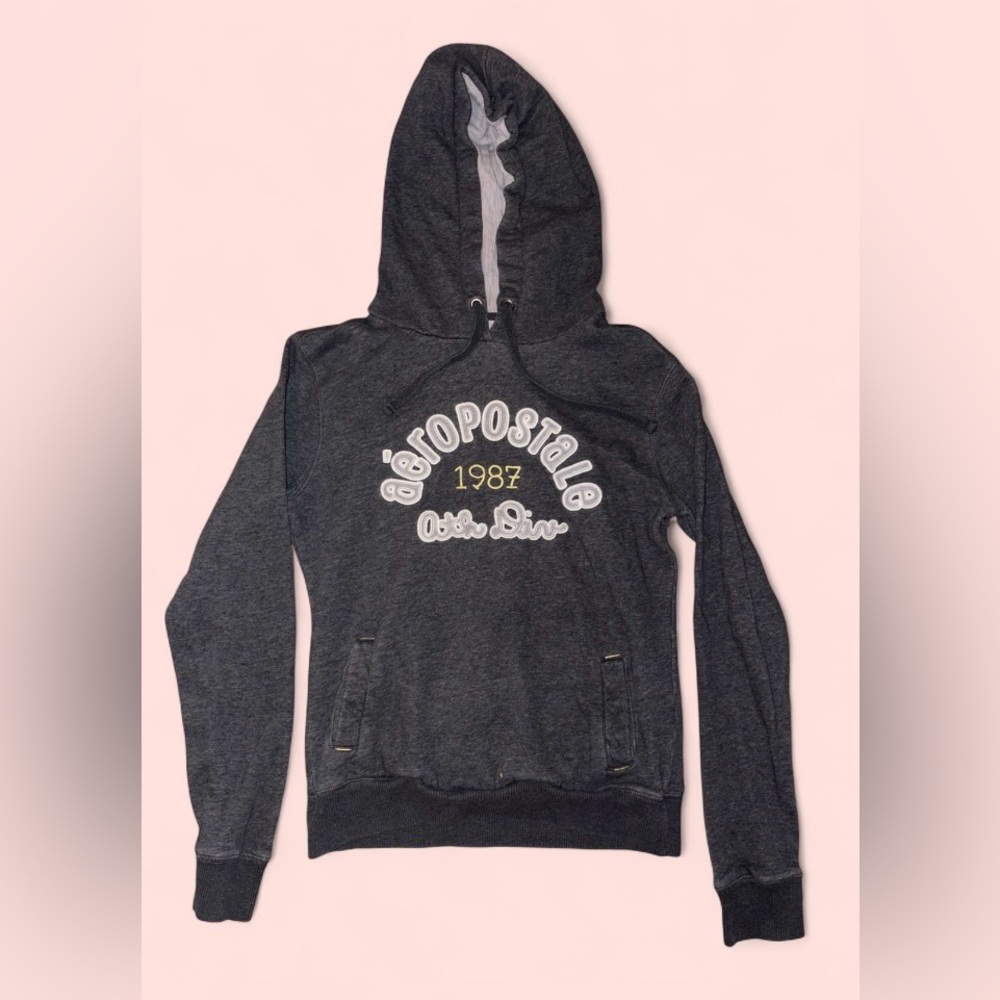 Vintage Y2K Aeropostale Hoodie Gray Logo Pullover Size Medium - Picture 2 of 9